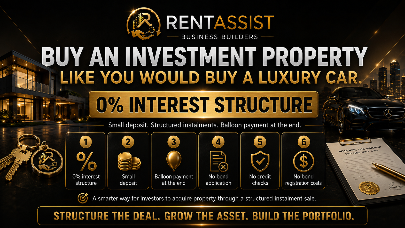 Buy an investment property like you would buy a luxury car — 0% interest structure, small deposit, balloon payment